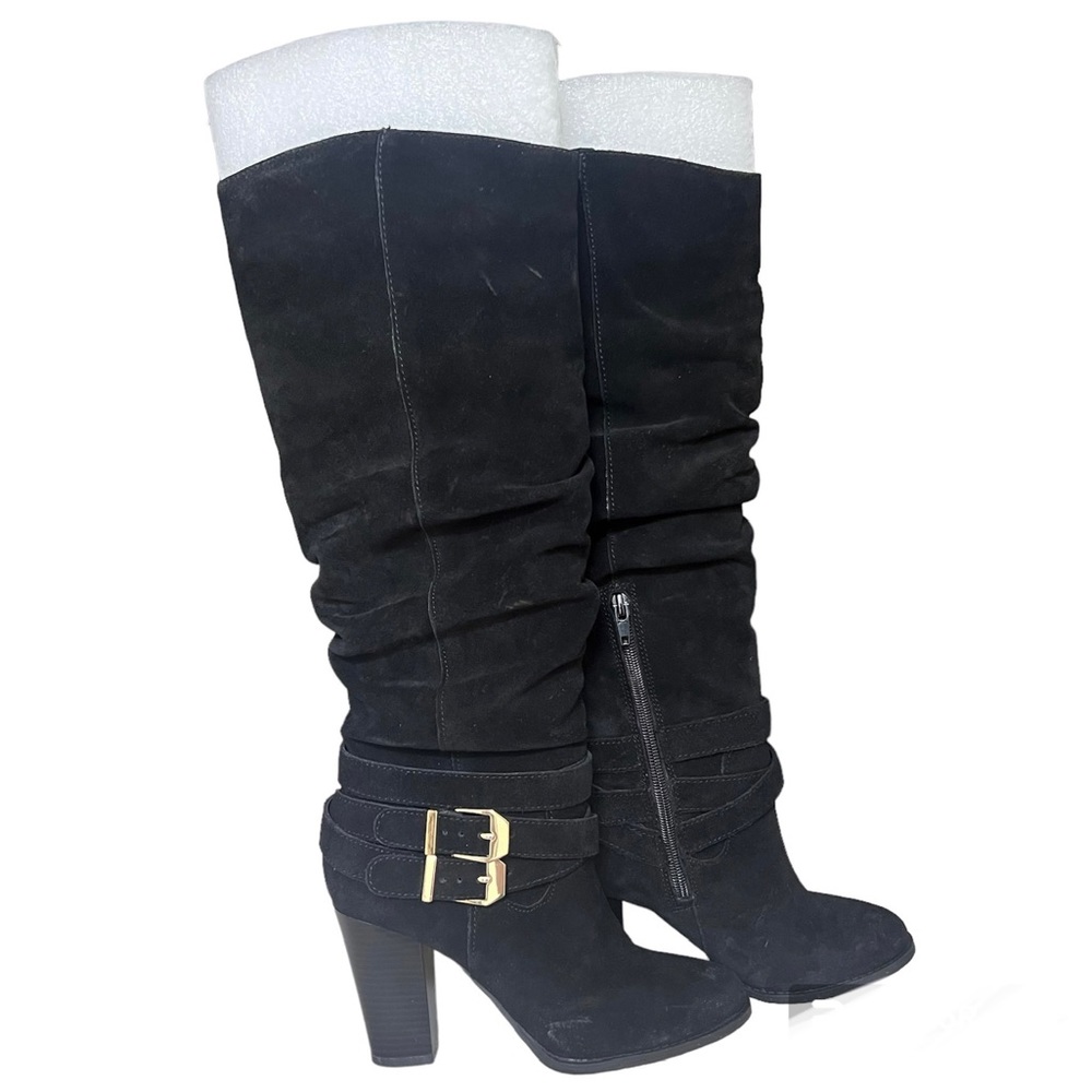 INC International Concepts Jordana Black Suede Tall Block Heel Boots Size 6